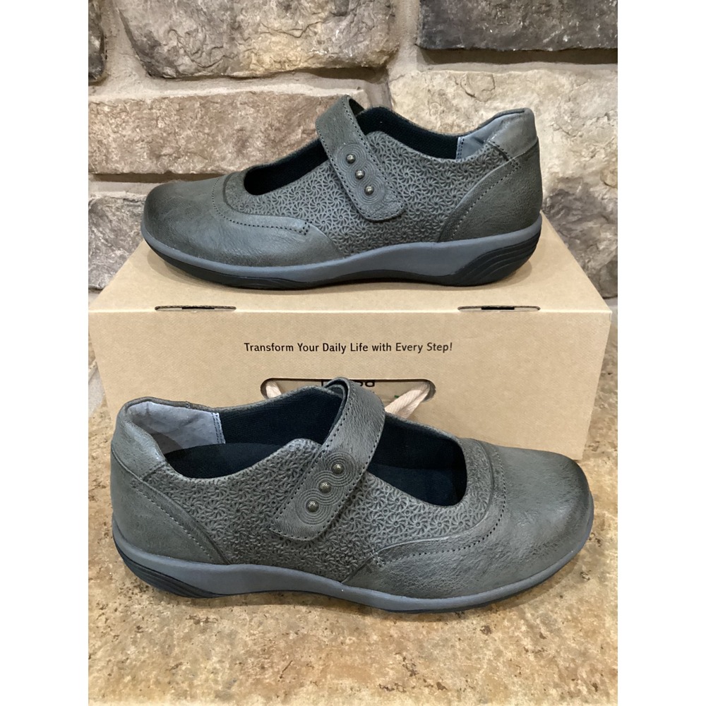 Halsa Aloe Dark Grey Leather Mary Jane Comfort Flats Shoes Womens Size 8M EU 38M